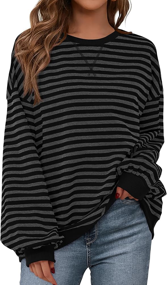 長袖 Amazon.com: BTFBM Womens Oversized Striped Sweatshirt Crewneck